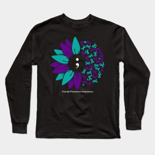 Suicide prevention: semicolon flower, white type Long Sleeve T-Shirt